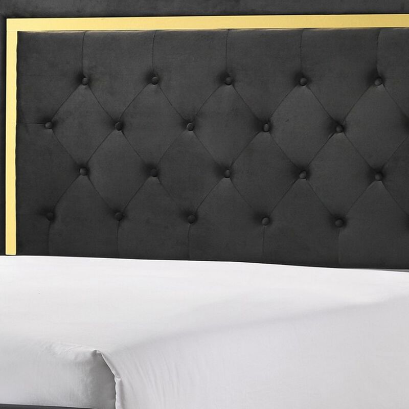 Robin Queen Size Bed, Platform Base, Gold, Button Tufted Black Upholstery - Benzara