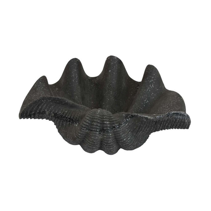 17 Inch Decorative Resin Shell, Smooth Curved Design, Textured Black - Benzara