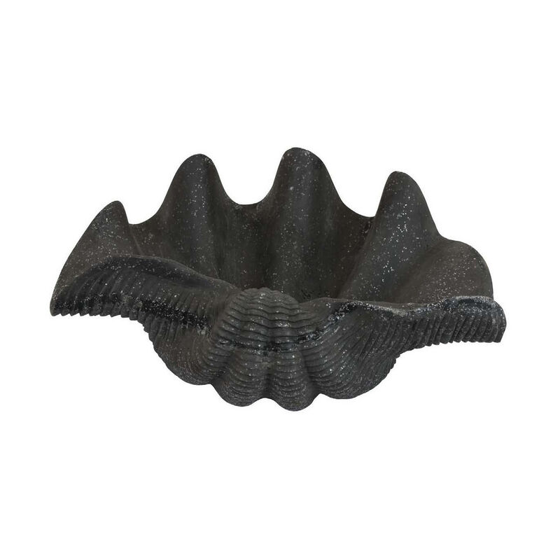 17 Inch Decorative Resin Shell, Smooth Curved Design, Textured Black - Benzara