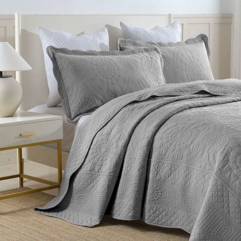 MarCielo 3 PCS 100% Cotton Oversized Bedspread Quilt Set Embroidery TF
