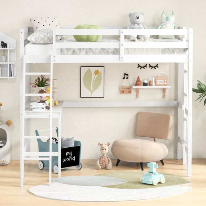 Hivvago Twin Size Loft Bed Frame with Desk Angled and Built-in Ladder