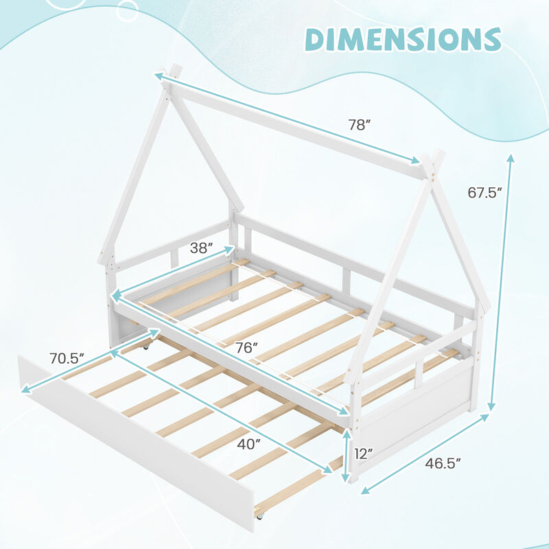 House Bed with Trundle and Safety Guardrail