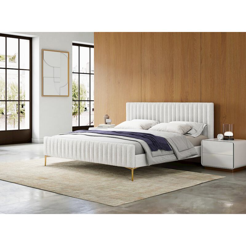 Omax Decor Julia Upholstered Modern Fabric King Platform Bed in White Boucle