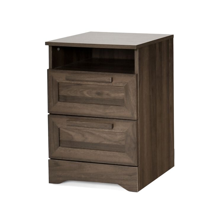 Vinie Nightstand, 2 Drawers and Open Top, 23 Inch Dark Brown Faux Wood - Benzara