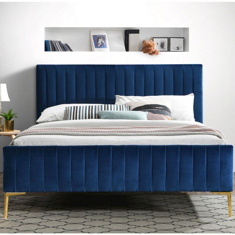 Omax Decor Julia Wood and Fabric Upholstered Queen Platform Bed in Blue