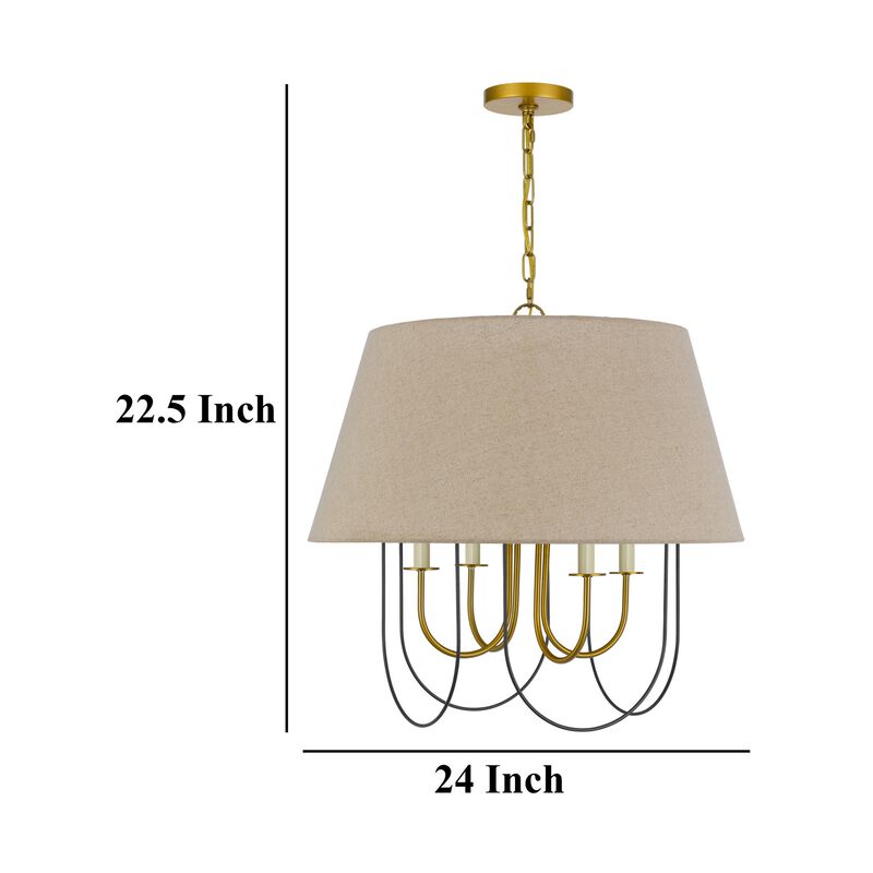 Pomy 24 Inch Chandelier, Hardback Burlap Shade, Gold Black Metal - Benzara