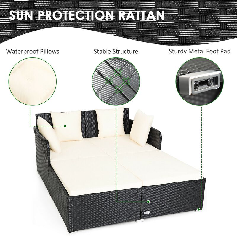 Spacious Outdoor Rattan Daybed with Upholstered Cushions and Pillows