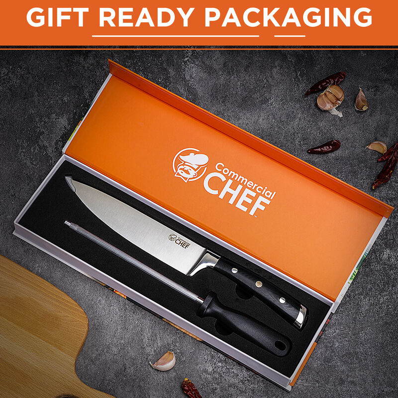 Commercial Chef Pro Chef Knife 8 inch Blade with Triple Rivet Ergonomic G10 Handle with Knife Sharpener - 7Cr17Mov High Carbon Stainless Steel Forged Chef's Knife Razor Sharp Full Tang Sharp
