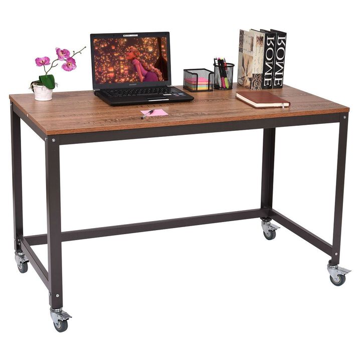 Hivvago Industrial Modern Steel Frame Wood Top Computer Desk with Locking Wheels