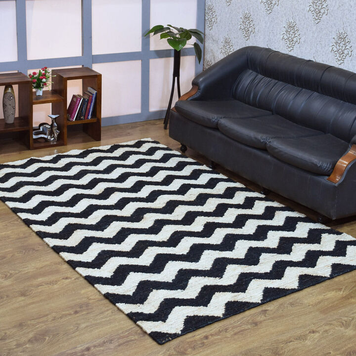 HAND KNOTTED SUMAK JUTE ECO-FRIENDLY Contemporary AREA RUGS  - 3'x5', Rectangle Shape, Cream Black Color, Contemporary, High Pile, Natural Fiber, Outdoor Indoor Handmade Area Rugs (J00014)