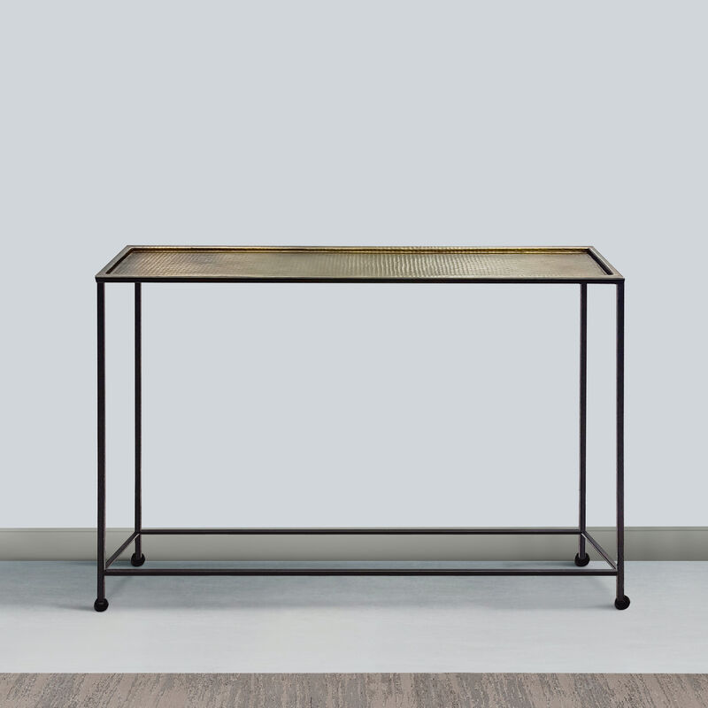 Aurelia 48 Inch Console Sofa Table, Artisanal Hammered Antique Bronze Tray Top, Industrial Black Iron Frame-Benzara