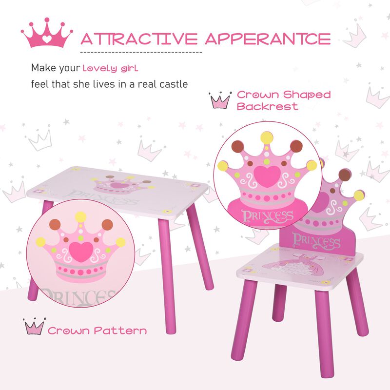 Pink Princess Set: Kids 3-Piece Wood Table and Chair with Crown Pattern