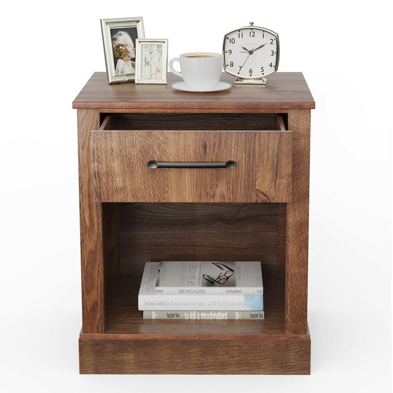 Compact Nightstand with Drawer and Open Compartment-Brown