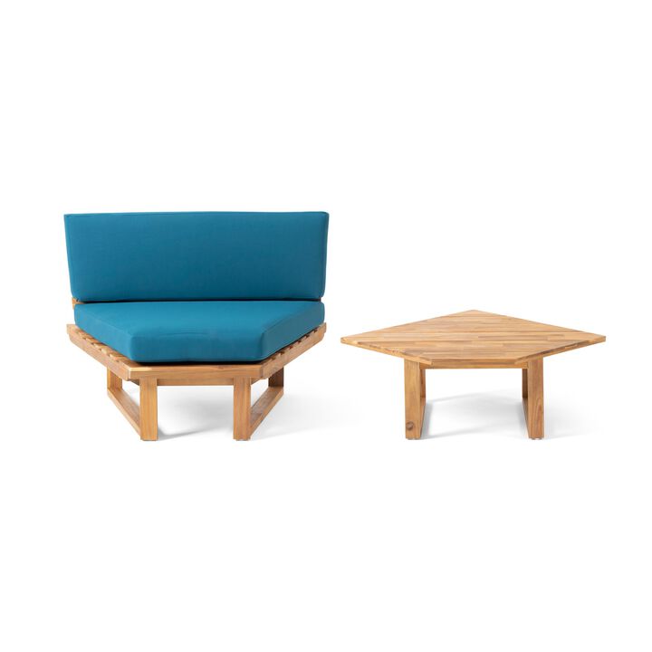 Outdoor Corner Chair and Coffee Table Set, Brown Acacia Wood Dark Teal - Benzara