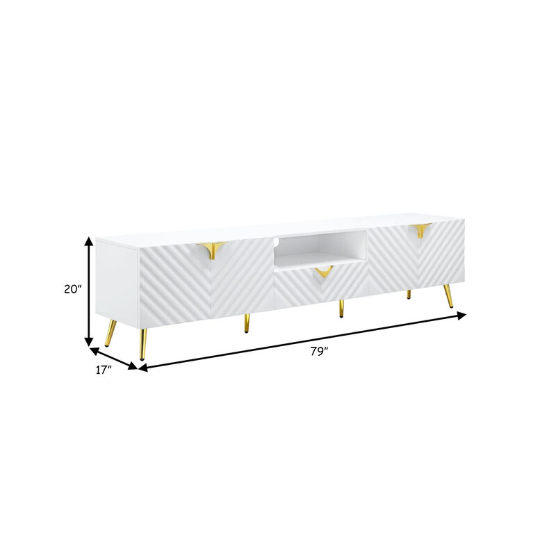 Tyra 79 Inch Modern TV Media Entertainment Center, 2 Doors, White, Gold-Benzara