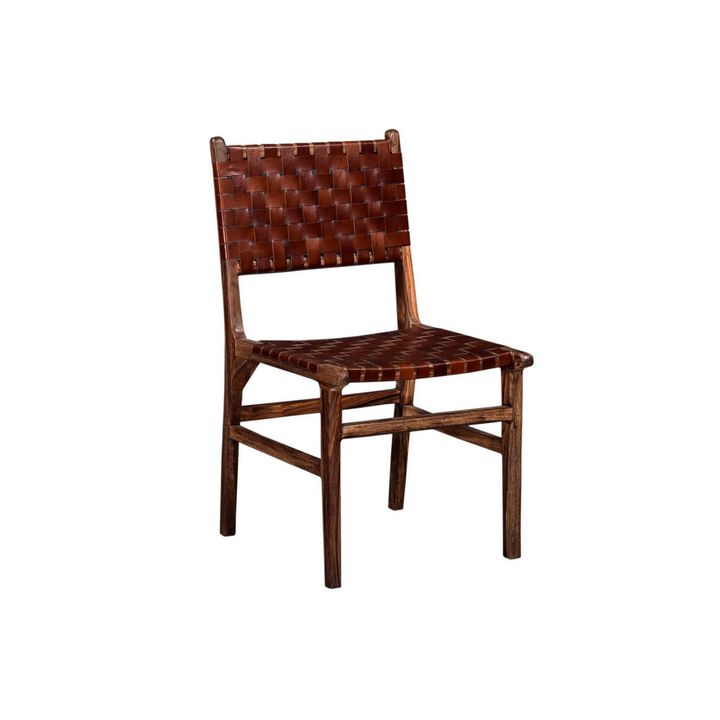 34 Inch Set of 2 Wood Dining Chairs, Leather Woven Back and Seat, Brown - Benzara