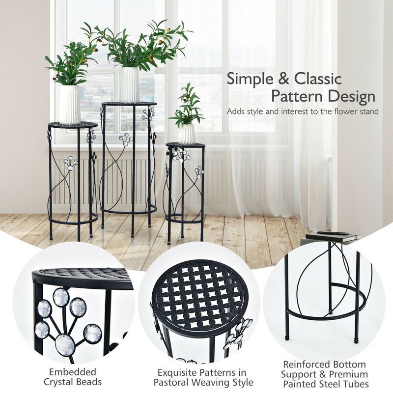3 Pieces Metal Plant Stand Set with Crystal Floral Accents Round
