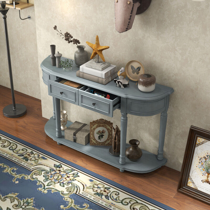 52" Retro Console Table with 2 Drawers and Open Shelf Entryway Sofa Table-Blue