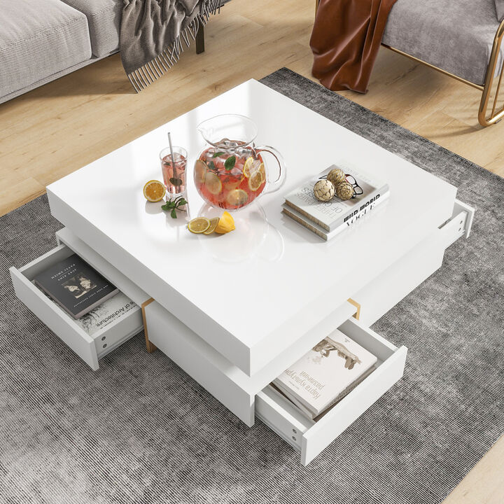 High Gloss 4-Drawer Coffee Table, Multi Storage, Wood Grain Legs, 31.5"X31.5", White
