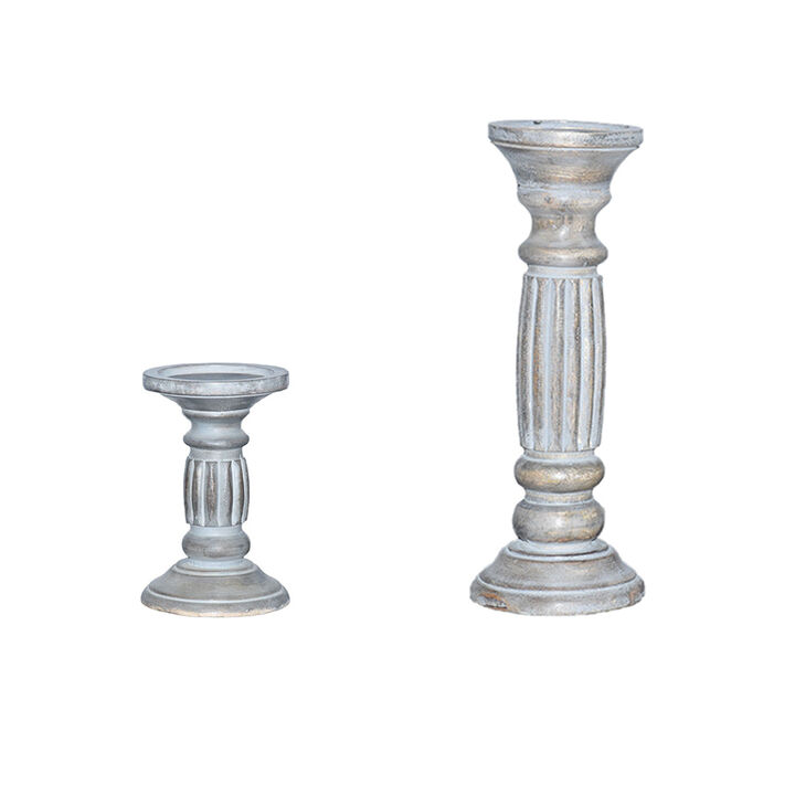 Traditional Antique Dusk Eco-friendly Handmade Mango Wood Set Of Two 6" & 12" Pillar Candle Holder
