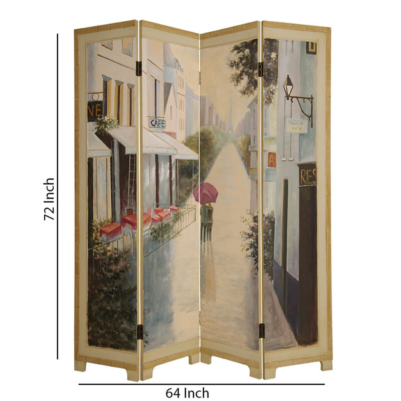 Wooden Screen with Artwork of Hand Painted Paris Promenade, Multicolor - Benzara