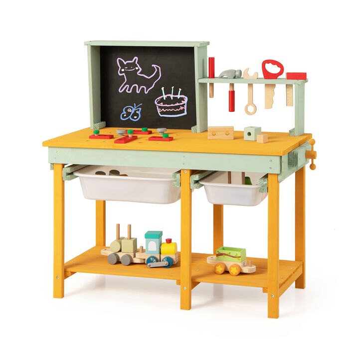 Kids Wooden Toy Workbench with Storage Space and Blackboard