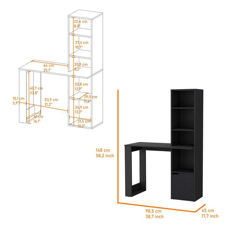 Peterson Computer Desk With 4-Tier Bookcase And 1-Door Cabinet Black