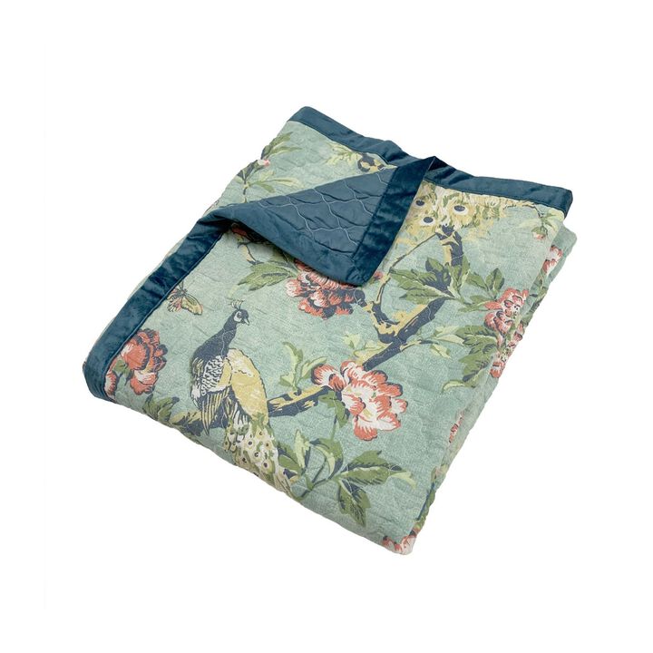 Eden 60 Inch Throw Blanket, Butterflies and Songbirds, Green Microfiber-Benzara