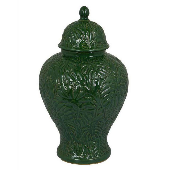 Home Accent Ginger Jar w Lid, Floral Motifs on Green Ceramic, 13 Inch - Benzara