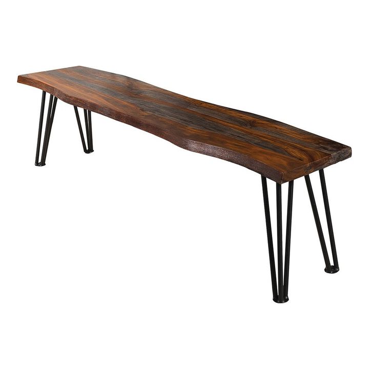 Moka 70 Inch Dining Bench, Live Edge Gray Sheesham Wood, Metal Hairpin Legs - Benzara