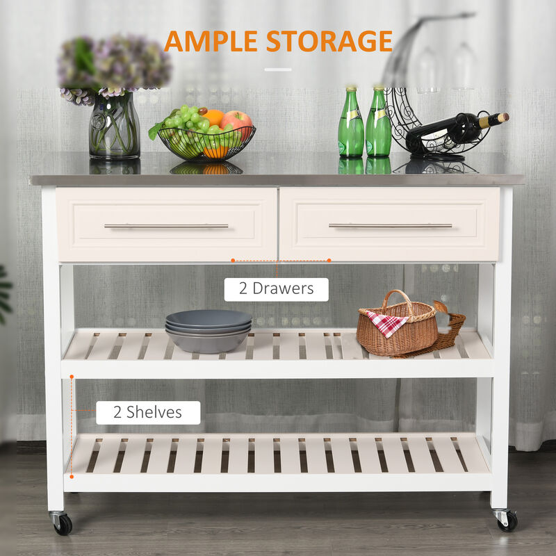 Stainless Steel Top Kitchen Island Utility Serving Storage Cart on Wheels White