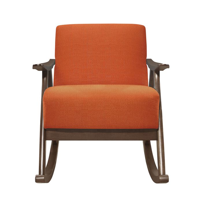 Tim 37 Inch Rocking Armchair, Orange Polyester, Walnut Brown Solid Wood - Benzara