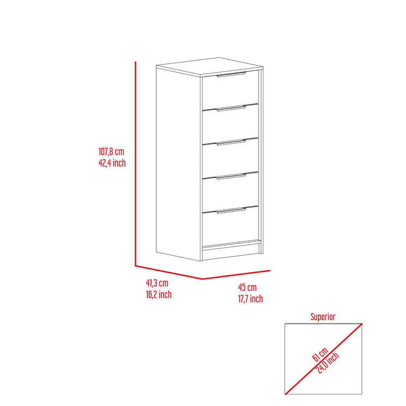 Kaia 5 Drawer Dresser, Vertical Dresser - Smokey Oak White
