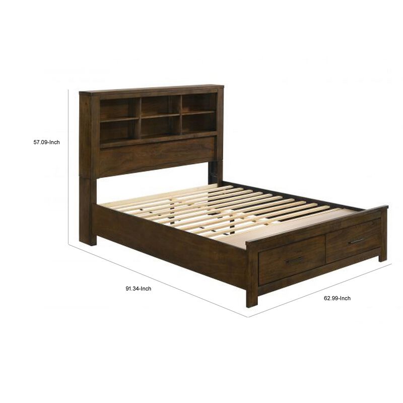 Benjara Maryl Queen Bed with Bookcase Headboard, Solid Wood, Oak Brown Finish