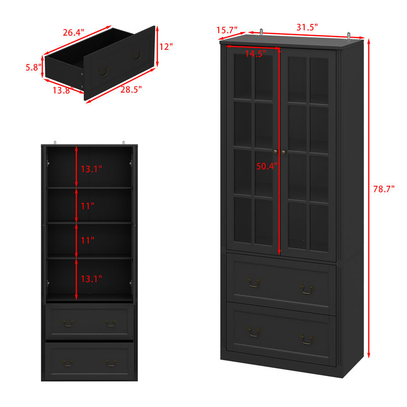 Black Wooden 31.5 in. W Buffet Pantry Cabinet Kitchen Cabinet with Adjustable Shelves and Tempered Glass Doors, Drawers