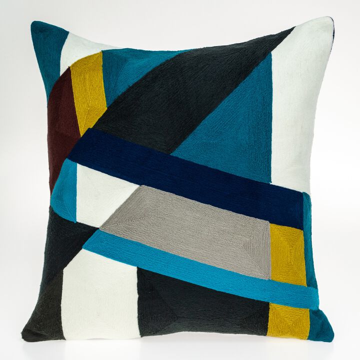 20" Blue and Gray Geometric Embroidered Pattern Throw Pillow