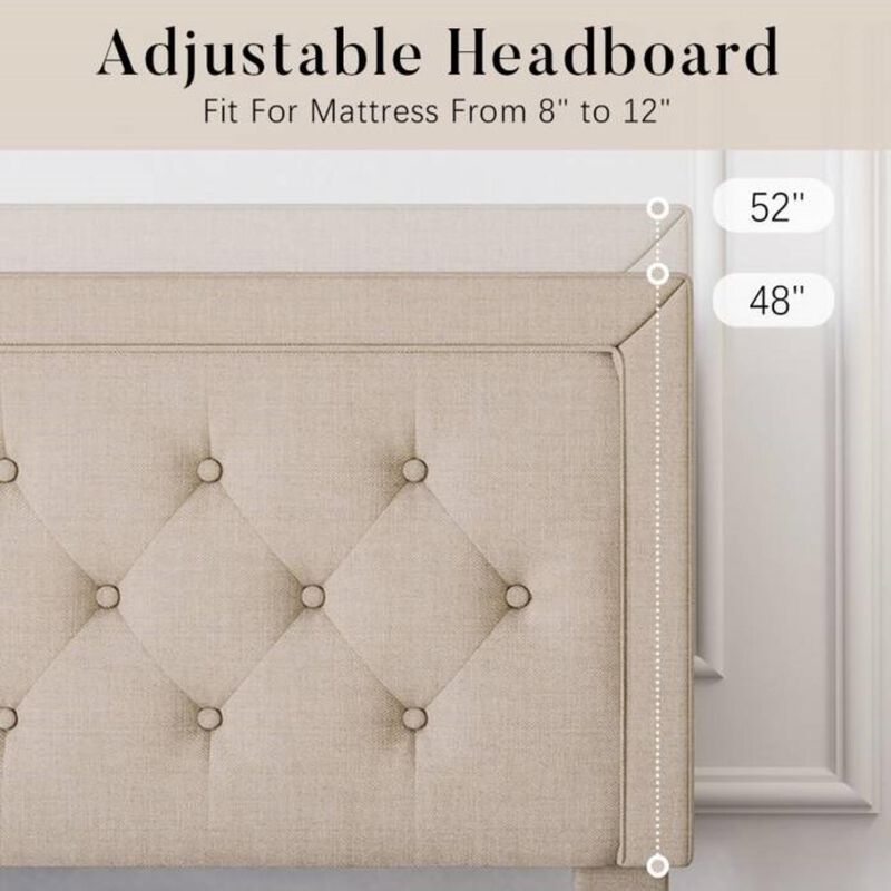 Hivvago King Adjustable Height Platform Bed Frame with Beige Upholstered Headboard