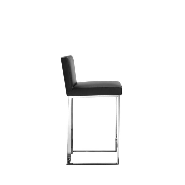 Boly 26 Inch Counter Height Chair, Black Faux Leather, Chrome Steel - Benzara
