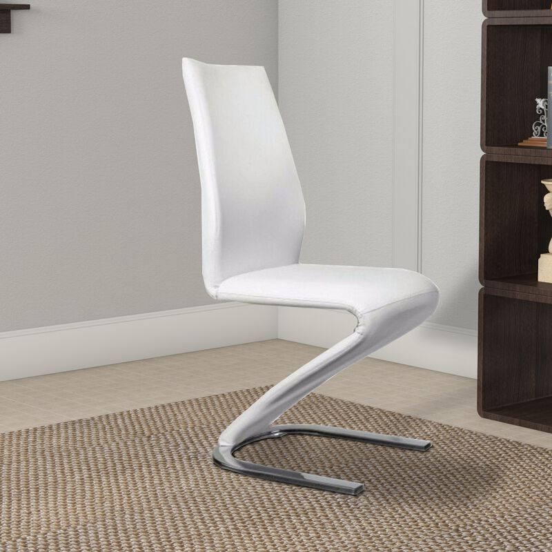 Leatherette Side Chair with U Shaped Metal Base, Set of 2, White and Chrome-Benzara