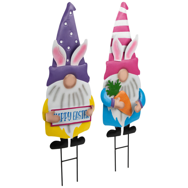 Gnomes with Bunny Ears Easter Outdoor Garden Stakes - 27" - Set of 2