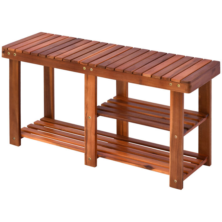 3-tier Acacia Wood Entryway Slatted Shoe Storage Bench Boots Rack Organizer
