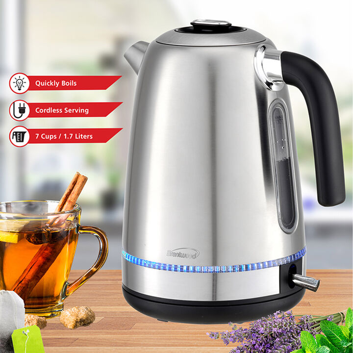 Brentwood 1500 Watt Stainless Steel 1.7 Liter Cordless Electric Kettle in Silver