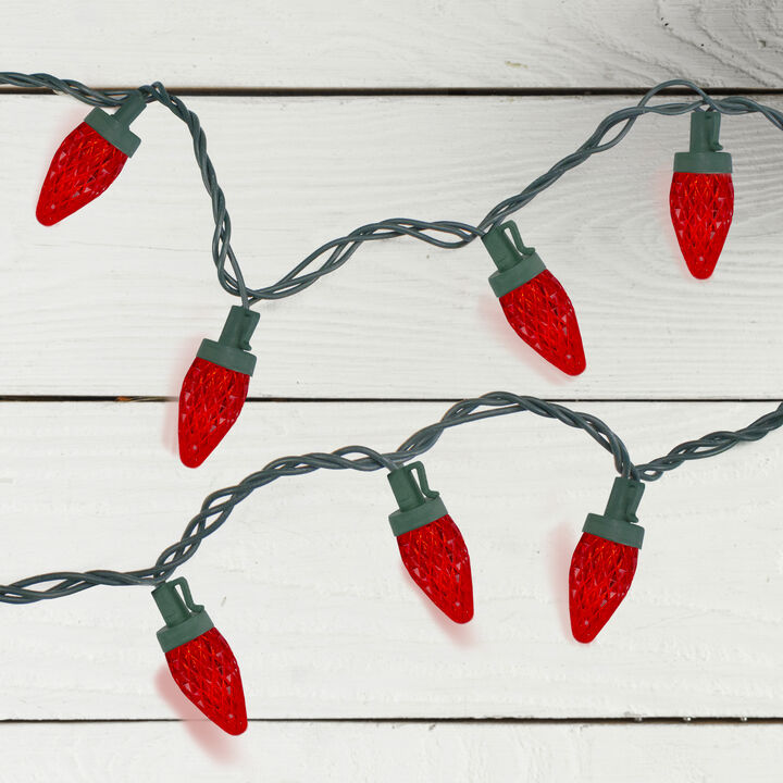 50ct Red LED C7 Faceted Christmas Lights  21ft Green Wire
