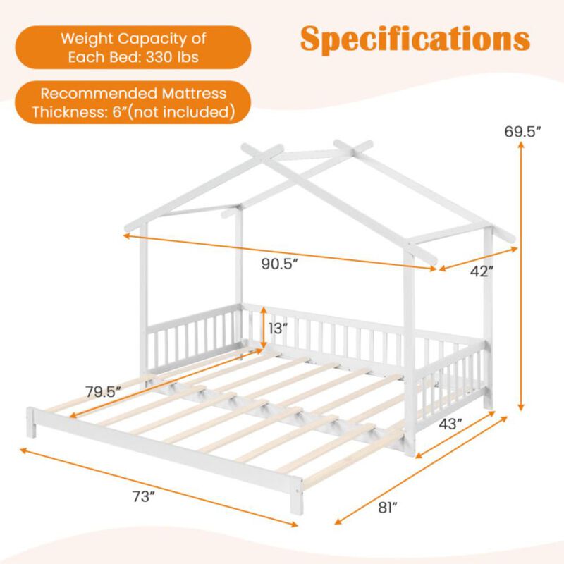 Hivvago Extendable House Bed Twin to King Daybed with Roof and Fence Rails