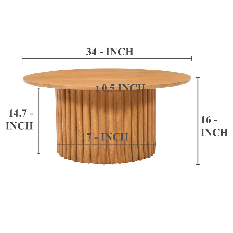 Sejo Coffee Table, 34 Inch Round Top with Fluted Base in Natural Brown Mango Wood - Benzara