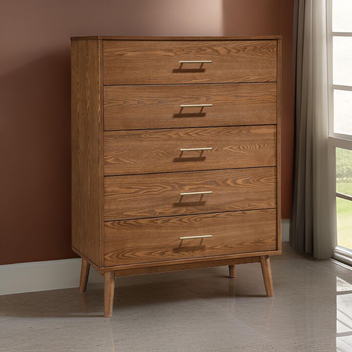 Roma Tall Dresser Chest, 5 Drawers, Nickel Handles, Walnut Brown Solid Wood