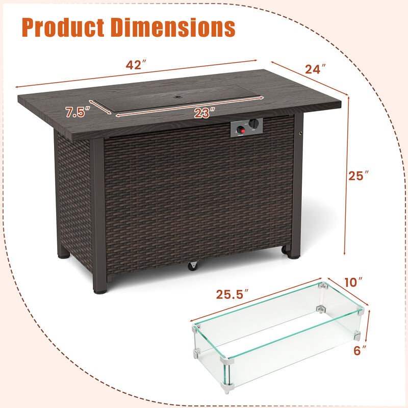 50000 BTU ropane Gas Fire Pit Table with Wind Guard and Glass Rocks