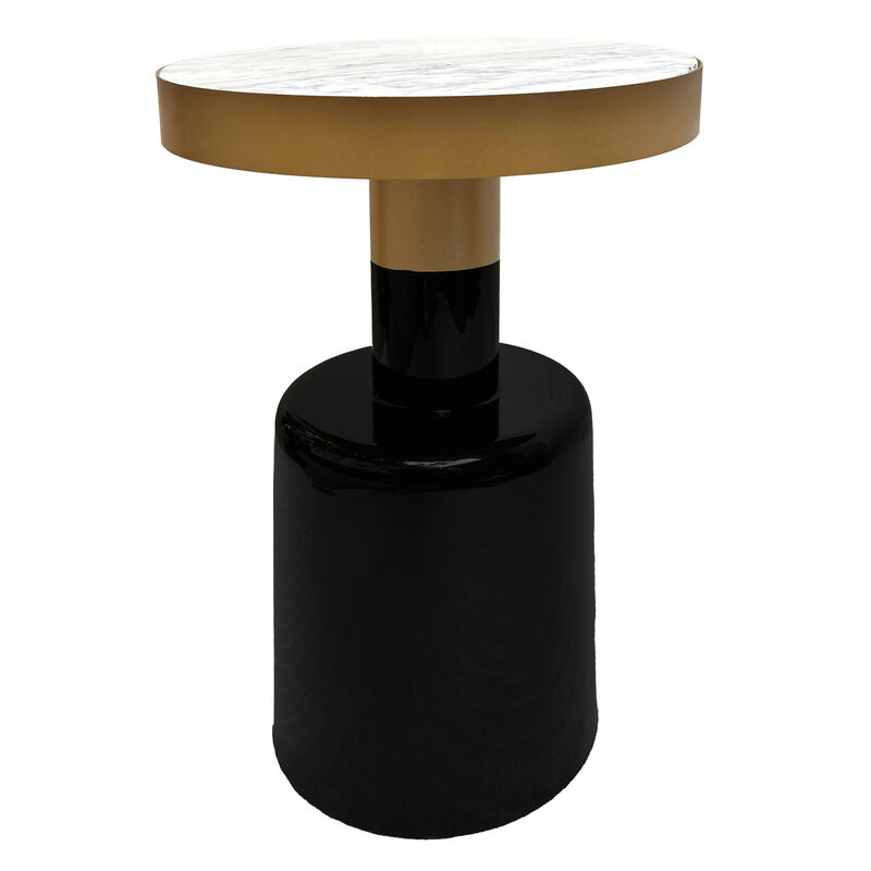 20 Inch Round Side End Table, Gold Banded Natural White Marble Top, Black Enamel Coated Iron Pedestal Base - Benzara