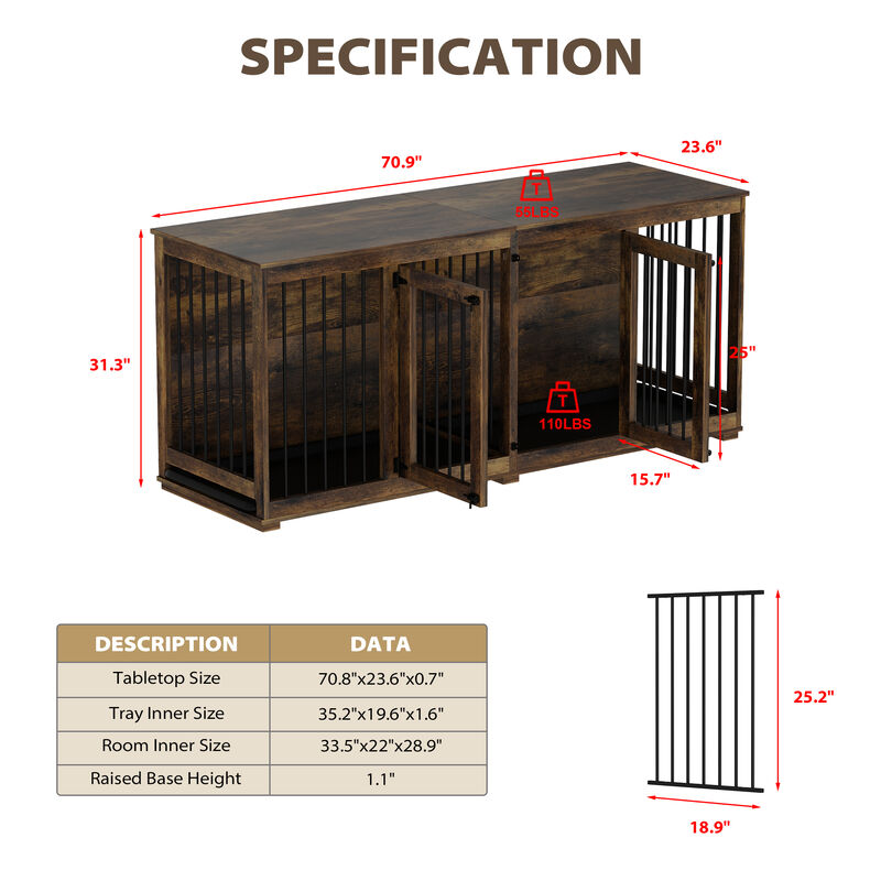Tiger Skin Dog Crate Furniture for 2 Dogs, 71 in. Heavy-Duty Wooden Dog Crate with Trays & Divider for Large Medium Dogs