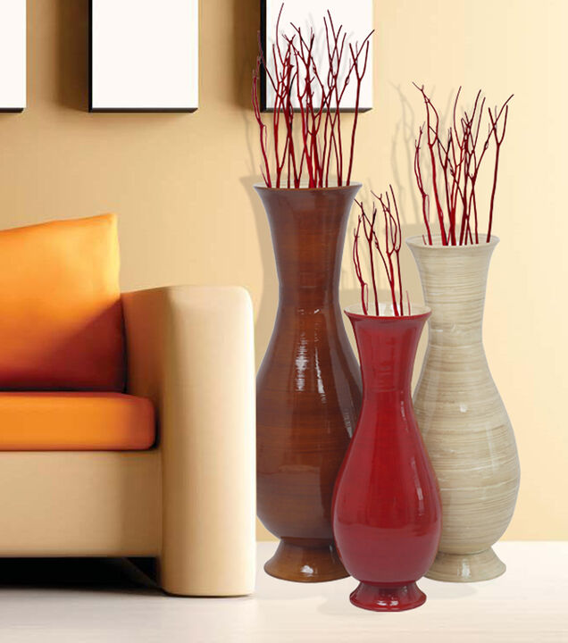 Tall Modern Decorative Floor Vase: Handmade, Natural Bamboo Finish, Contemporary Home Décor, Handcrafted Bamboo, Elegant Interior Design, Bamboo Craftsmanship, Statement Piece for Modern Spaces, Set of 3